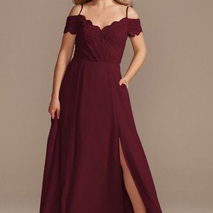 Celebrate by David’s Bridal Lace Chiffon off-shoulder bridesmaid dress